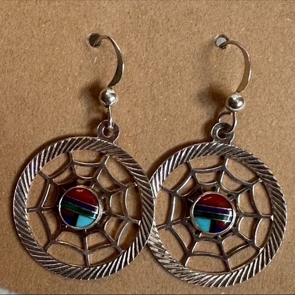 Native Artisan Sterling Silver Spider Web Earrings - Picture 9 of 10